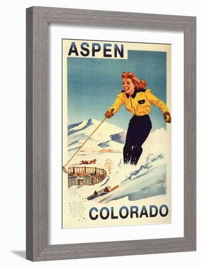 Aspen, Colorado - Red-Headed Woman Skiing-Lantern Press-Framed Art Print