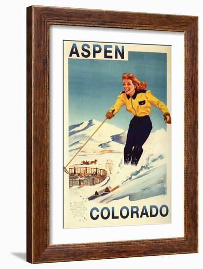 Aspen, Colorado - Red-Headed Woman Skiing-Lantern Press-Framed Art Print