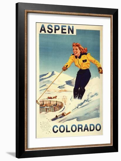 Aspen, Colorado - Red-Headed Woman Skiing-Lantern Press-Framed Art Print