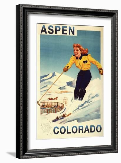Aspen, Colorado - Red-Headed Woman Skiing-Lantern Press-Framed Art Print