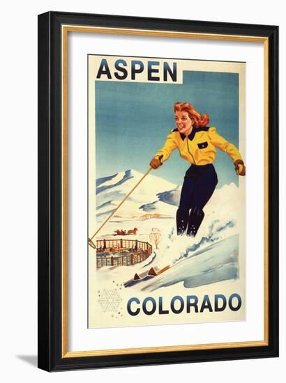 Aspen, Colorado - Red-Headed Woman Skiing-Lantern Press-Framed Art Print