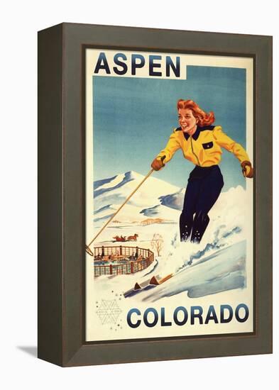 Aspen, Colorado - Red-Headed Woman Skiing-Lantern Press-Framed Stretched Canvas