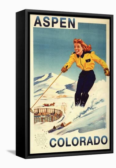 Aspen, Colorado - Red-Headed Woman Skiing-Lantern Press-Framed Stretched Canvas