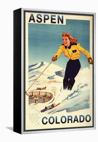Aspen, Colorado - Red-Headed Woman Skiing-Lantern Press-Framed Stretched Canvas