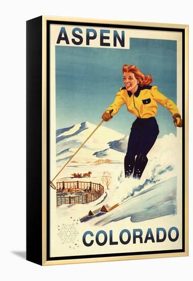 Aspen, Colorado - Red-Headed Woman Skiing-Lantern Press-Framed Stretched Canvas