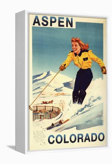 Aspen, Colorado - Red-Headed Woman Skiing-Lantern Press-Framed Stretched Canvas