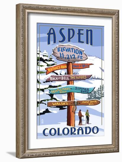 Aspen, Colorado - Ski Signpost-Lantern Press-Framed Art Print