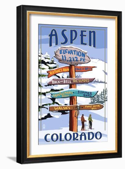 Aspen, Colorado - Ski Signpost-Lantern Press-Framed Art Print