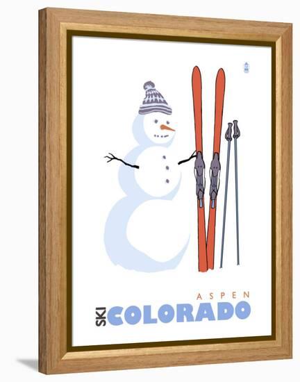 Aspen, Colorado, Snowman with Skis-Lantern Press-Framed Stretched Canvas