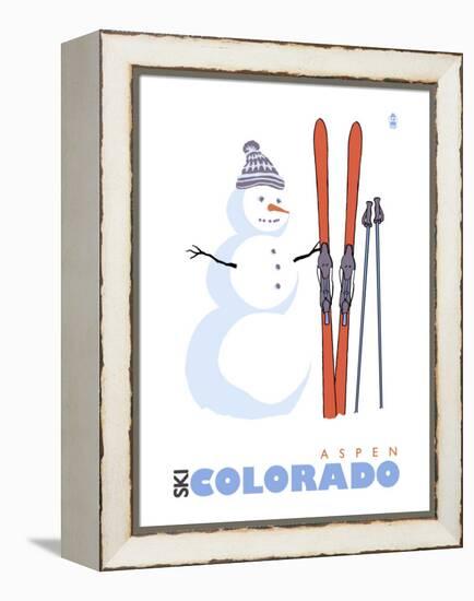 Aspen, Colorado, Snowman with Skis-Lantern Press-Framed Stretched Canvas