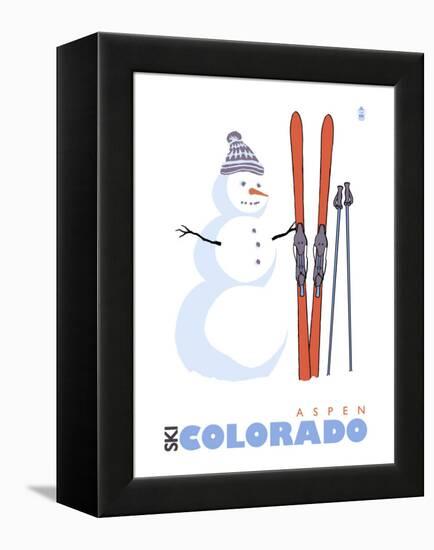 Aspen, Colorado, Snowman with Skis-Lantern Press-Framed Stretched Canvas