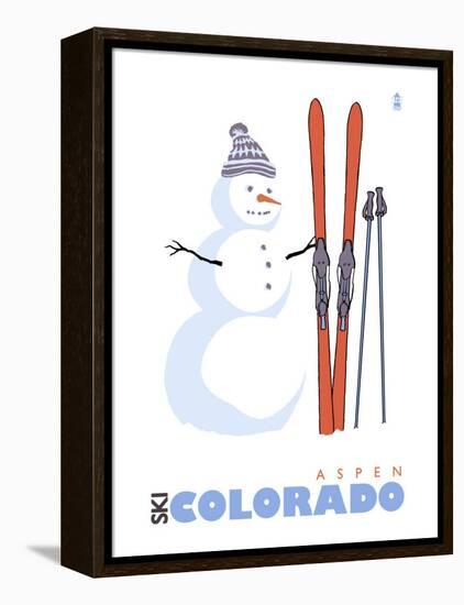 Aspen, Colorado, Snowman with Skis-Lantern Press-Framed Stretched Canvas