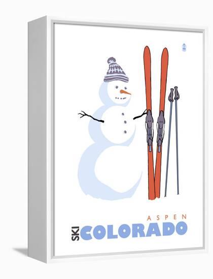 Aspen, Colorado, Snowman with Skis-Lantern Press-Framed Stretched Canvas