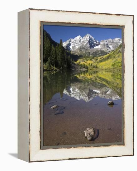 Aspens reflecting in lake under Maroon Bells, Colorado-Joseph Sohm-Framed Premier Image Canvas