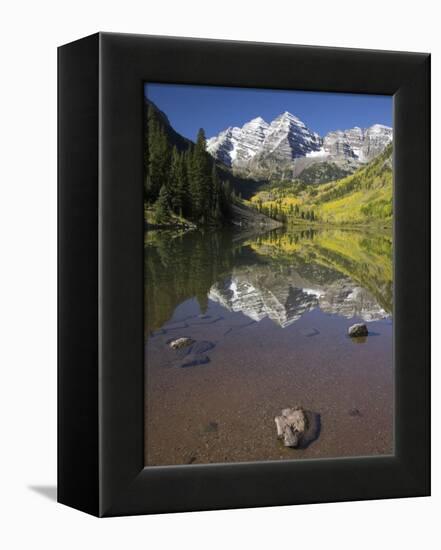 Aspens reflecting in lake under Maroon Bells, Colorado-Joseph Sohm-Framed Premier Image Canvas