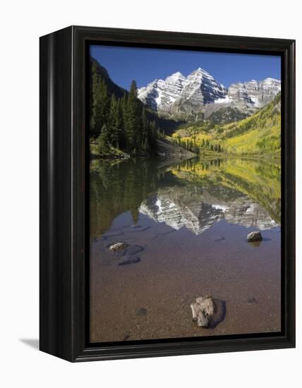 Aspens reflecting in lake under Maroon Bells, Colorado-Joseph Sohm-Framed Premier Image Canvas