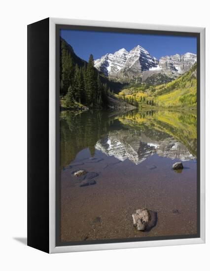 Aspens reflecting in lake under Maroon Bells, Colorado-Joseph Sohm-Framed Premier Image Canvas