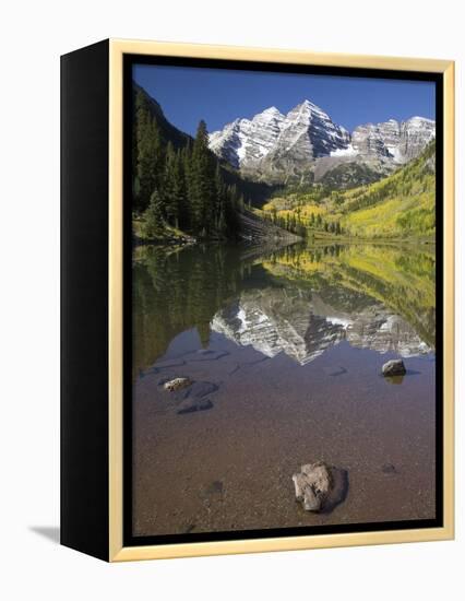 Aspens reflecting in lake under Maroon Bells, Colorado-Joseph Sohm-Framed Premier Image Canvas