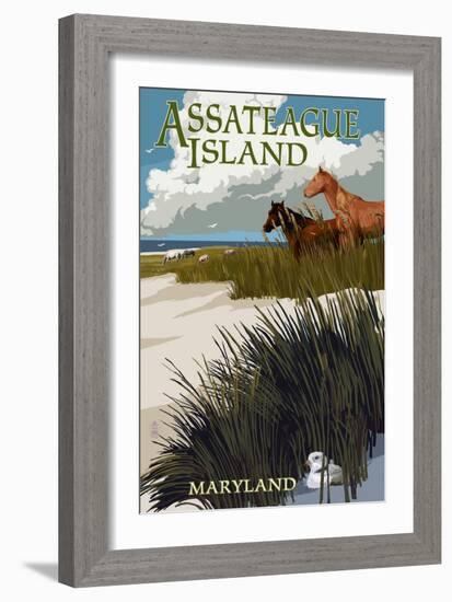 Assateague Island, Maryland - Horses and Dunes-Lantern Press-Framed Art Print