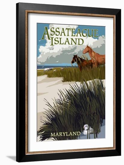 Assateague Island, Maryland - Horses and Dunes-Lantern Press-Framed Art Print