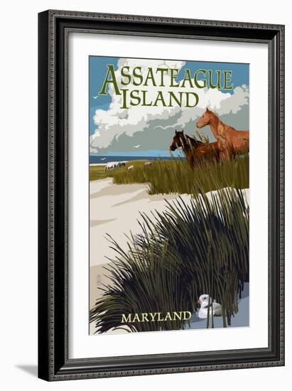 Assateague Island, Maryland - Horses and Dunes-Lantern Press-Framed Art Print