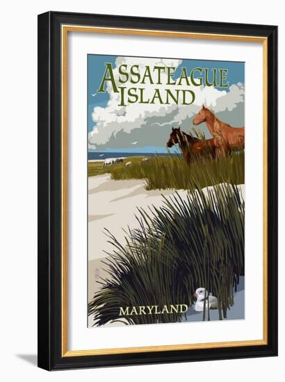 Assateague Island, Maryland - Horses and Dunes-Lantern Press-Framed Art Print