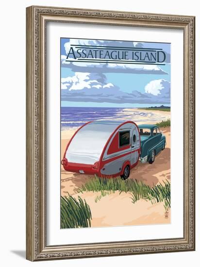 Assateague Island - Retro Camper on Beach-Lantern Press-Framed Art Print