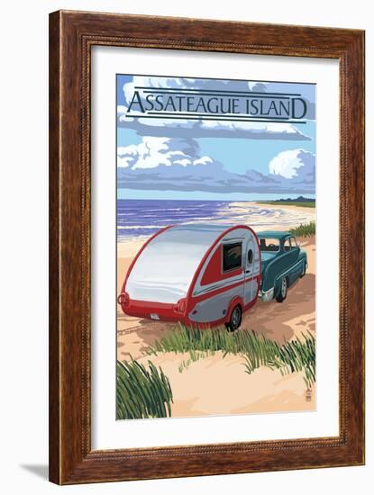 Assateague Island - Retro Camper on Beach-Lantern Press-Framed Art Print