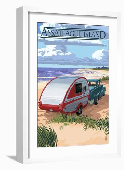 Assateague Island - Retro Camper on Beach-Lantern Press-Framed Art Print