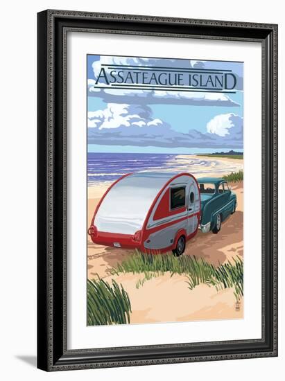 Assateague Island - Retro Camper on Beach-Lantern Press-Framed Art Print