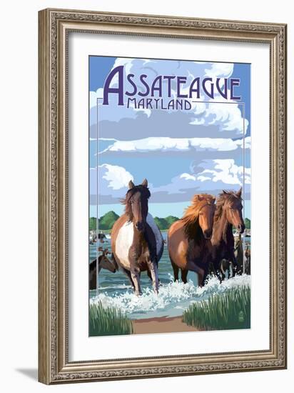 Assateague, Maryland - Pony Swim-Lantern Press-Framed Art Print