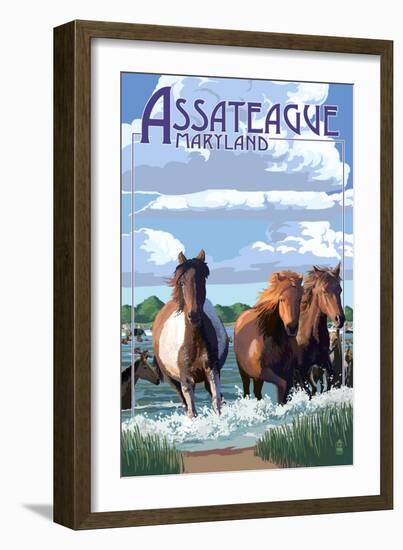 Assateague, Maryland - Pony Swim-Lantern Press-Framed Art Print