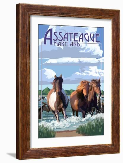 Assateague, Maryland - Pony Swim-Lantern Press-Framed Art Print