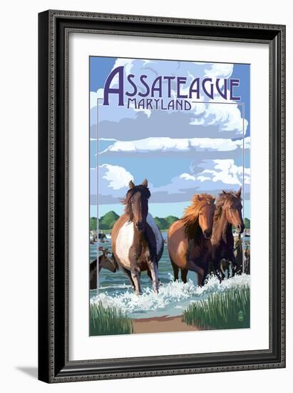 Assateague, Maryland - Pony Swim-Lantern Press-Framed Art Print