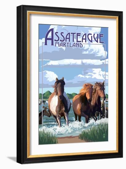 Assateague, Maryland - Pony Swim-Lantern Press-Framed Art Print