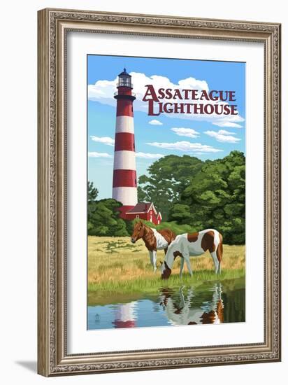 Assateague, Virginia - Lighthouse and Horses-Lantern Press-Framed Art Print