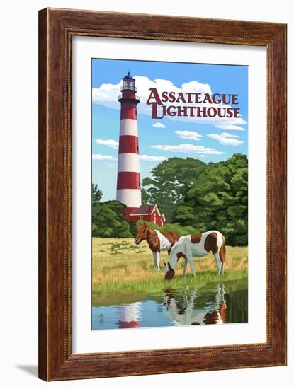 Assateague, Virginia - Lighthouse and Horses-Lantern Press-Framed Art Print