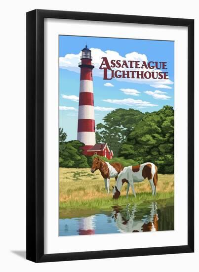 Assateague, Virginia - Lighthouse and Horses-Lantern Press-Framed Art Print