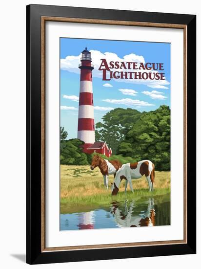 Assateague, Virginia - Lighthouse and Horses-Lantern Press-Framed Art Print