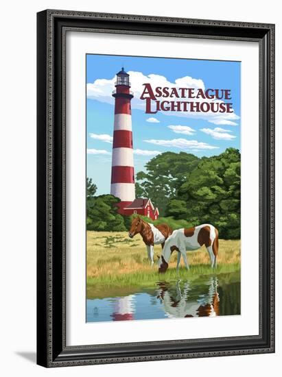 Assateague, Virginia - Lighthouse and Horses-Lantern Press-Framed Art Print