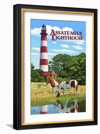 Assateague, Virginia - Lighthouse and Horses-Lantern Press-Framed Art Print