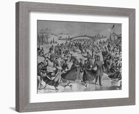 Assembly of Ice Skaters on Lake in Central Park in Winter-Currier & Ives-Framed Photographic Print