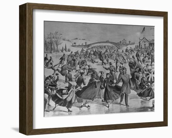 Assembly of Ice Skaters on Lake in Central Park in Winter-Currier & Ives-Framed Photographic Print