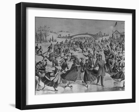 Assembly of Ice Skaters on Lake in Central Park in Winter-Currier & Ives-Framed Photographic Print