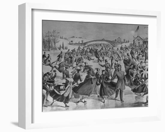 Assembly of Ice Skaters on Lake in Central Park in Winter-Currier & Ives-Framed Photographic Print