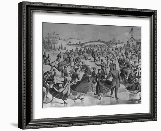 Assembly of Ice Skaters on Lake in Central Park in Winter-Currier & Ives-Framed Photographic Print