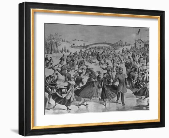 Assembly of Ice Skaters on Lake in Central Park in Winter-Currier & Ives-Framed Photographic Print