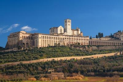 Assisi, Italy town skyline with the Basilica of Saint Francis of Assisi