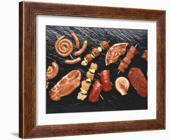 Assorted Meats and Sausages on Hot Stone Grill-Stefan Oberschelp-Framed Photographic Print