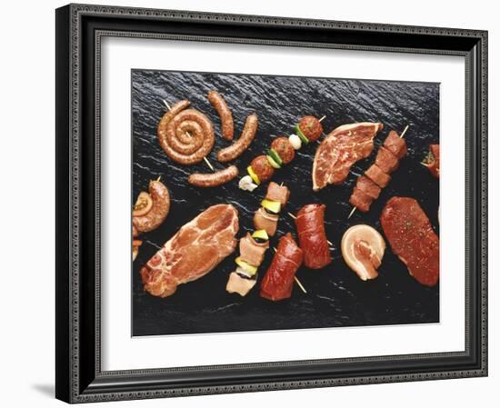 Assorted Meats and Sausages on Hot Stone Grill-Stefan Oberschelp-Framed Photographic Print